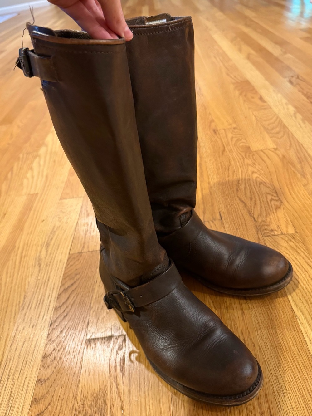 Frye Brown Leather Tall Riding Boots with Ankle Buckle